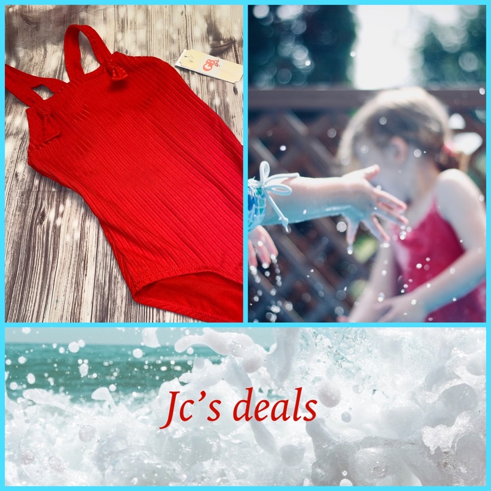 🦩 GB girls red coastal rib square neck swimsuit🦩